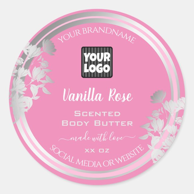 Girly Pink Silver Product Packaging Logo Labels (Front)