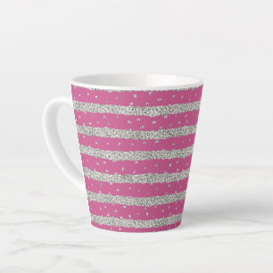 Girly Pink Silver Sparkly Confetti Stripes Latte Mug