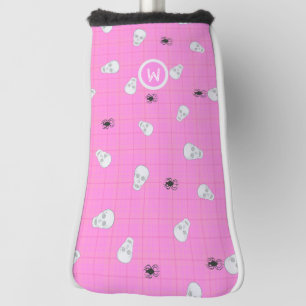 Girly pink Skulls & Spiders pink Halloween tartan Golf Head Cover