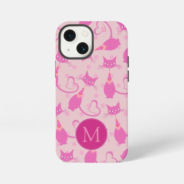 Girly Pink Sleek Cat Pattern Monogram iPhone Case (Back)