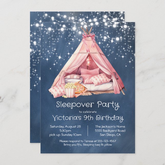 Girly Pink Sleepover Glamping Tent Birthday Invitation (Front/Back)