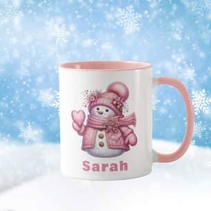 Girly Pink Snowman Holding Sweet Heart Christmas Mug