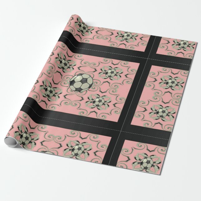 Girly Pink Soccer Wrapping Paper- Design 1 Wrapping Paper (Unrolled)