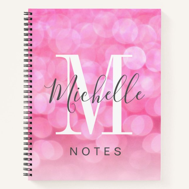 Girly Pink Sparkle Bokeh Monogram Name Notebook (Front)