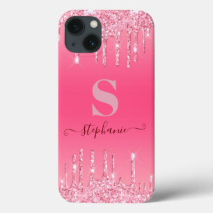 Girly Pink Sparkle Glitter Monogram iPhone 13 Case