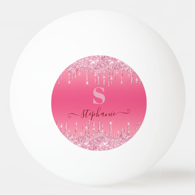 Girly Pink Sparkle Glitter Monogram Ping Pong Ball (Front)