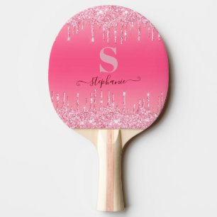 Girly Pink Sparkle Glitter Monogram Ping Pong Padd Paddle