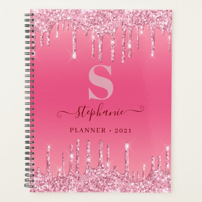 Girly Pink Sparkle Glitter Monogram Planner (Front)