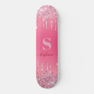 Girly Pink Sparkle Glitter Monogram Skateboard