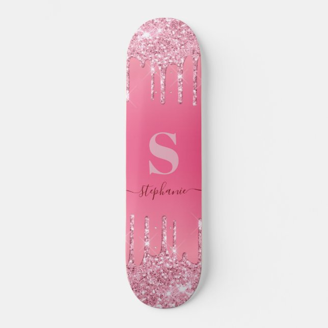Girly Pink Sparkle Glitter Monogram Skateboard (Front)