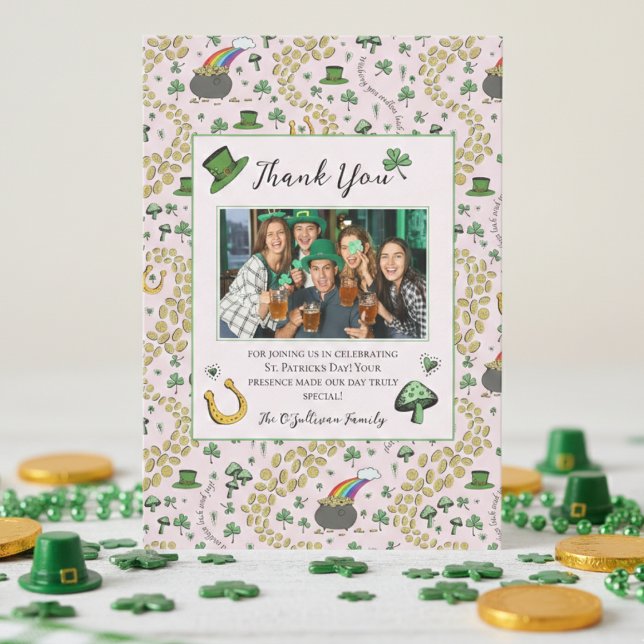 Girly Pink St Patricks Irish Thank You Card (Fun St Patrick's Day Party Thank You Cards. Irish Shamrock Green Clover Horseshoe Gold Coins Rainbow)
