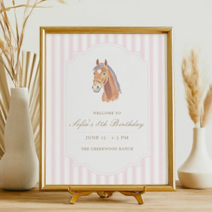 Girly Pink Stripe Horse Birthday Welcome Sign