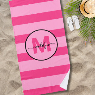 Girly Pink Stripe Script Name Monogram Beach Towel