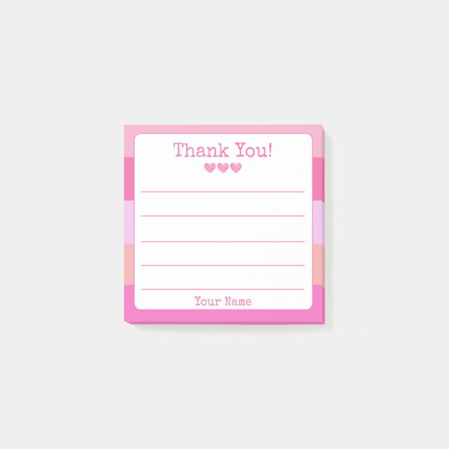 Girly Pink Stripe Your Name And Hearts Thank You  Post-it Notes (Front)