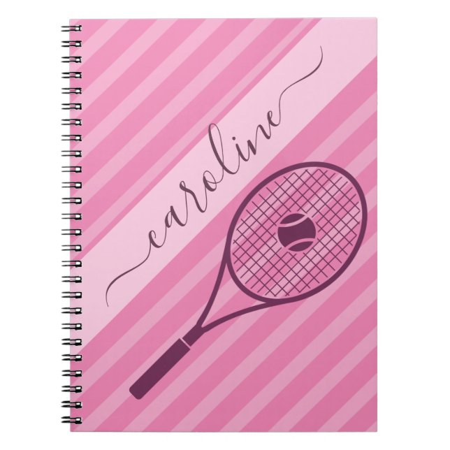 Girly Pink Striped Tennis Racket Ball Players Name Notebook (Front)