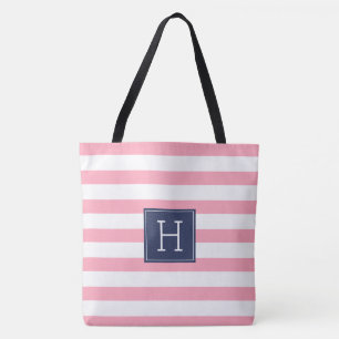 Girly Pink Stripes and Blue Monogram Tote Bag