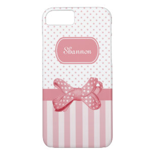 Girly Pink Stripes Cute Polka Dot Bow With Name iPhone 8/7 Case
