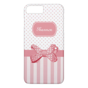 Girly Pink Stripes Cute Polka Dot Bow With Name iPhone 8 Plus/7 Plus Case