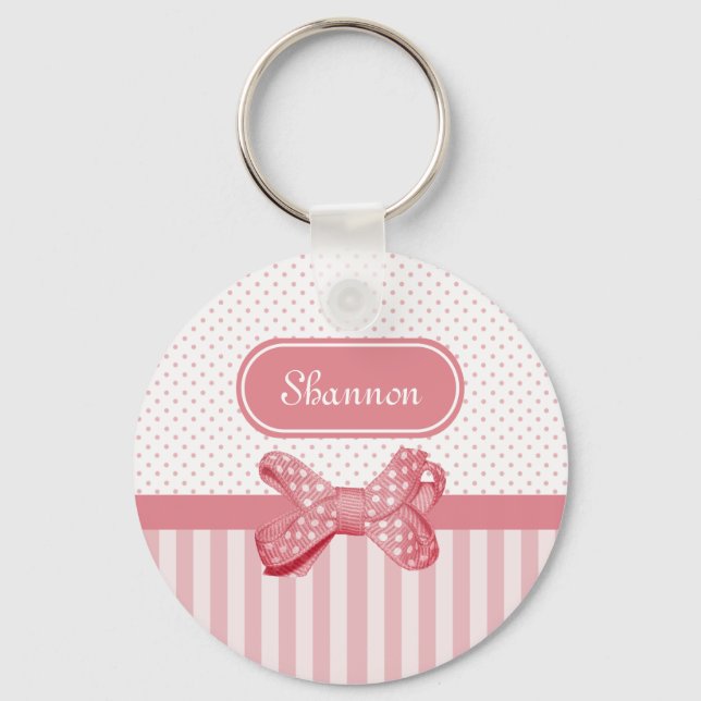 Girly Pink Stripes Cute Polka Dot Bow With Name Keychain (Front)