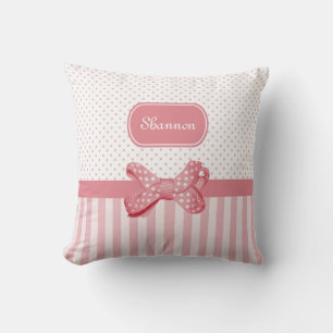 Girly Pink Stripes Cute Polka Dot Bow With Name Throw Pillow