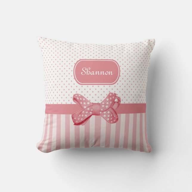 Girly Pink Stripes Cute Polka Dot Bow With Name Throw Pillow (Front)