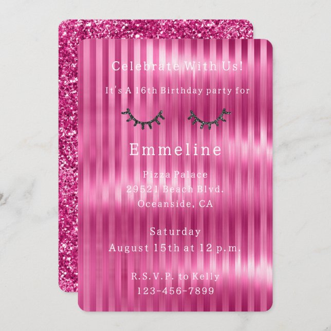 Girly Pink Stripes Glitzy Black Glitter Eyelashes  Invitation (Front/Back)