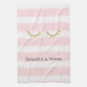 Girly Pink Stripes Gold Glitter Eyelashes  Kitchen Towel