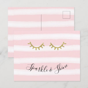 Girly Pink Stripes Gold Glitter Eyelashes Postcard