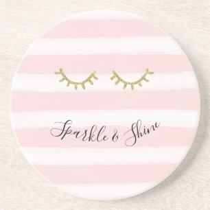 Girly Pink Stripes Gold Glitter Eyelashes Sparkle Coaster