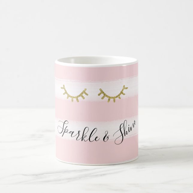 Girly Pink Stripes Gold Glitter Eyelashes Sparkle Coffee Mug (Center)