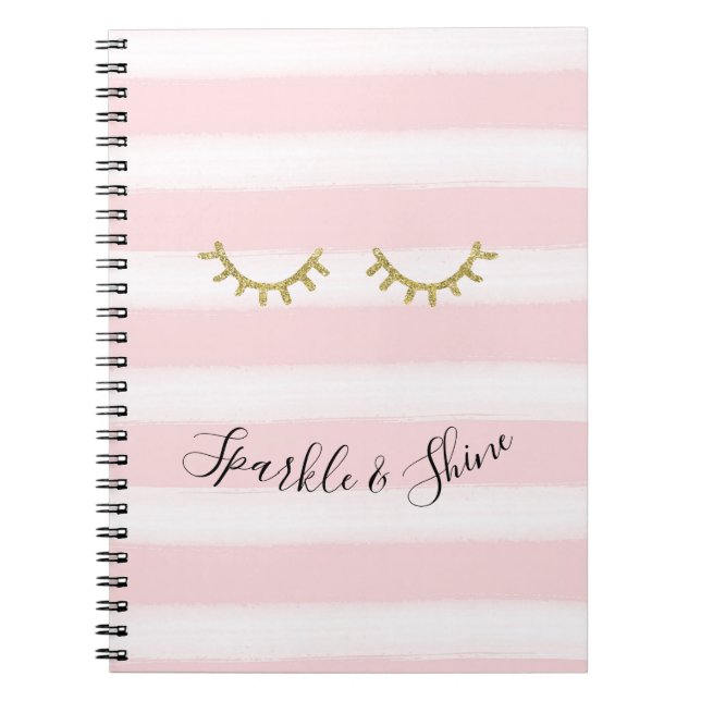 Girly Pink Stripes Gold Glitter Eyelashes Sparkle Notebook (Front)