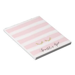 Girly Pink Stripes Gold Glitter Eyelashes Sparkle Notepad