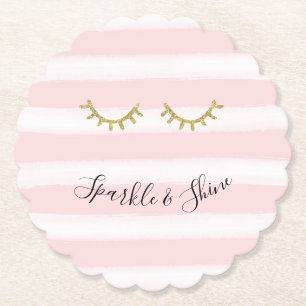 Girly Pink Stripes Gold Glitter Eyelashes Sparkle Paper Coaster