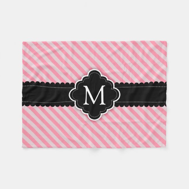 Girly Pink Stripes Pattern Black Custom Monogram Fleece Blanket (Front (Horizontal))