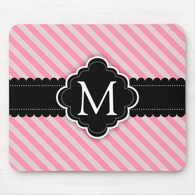 Girly Pink Stripes Pattern Black Custom Monogram Mouse Pad (Front)