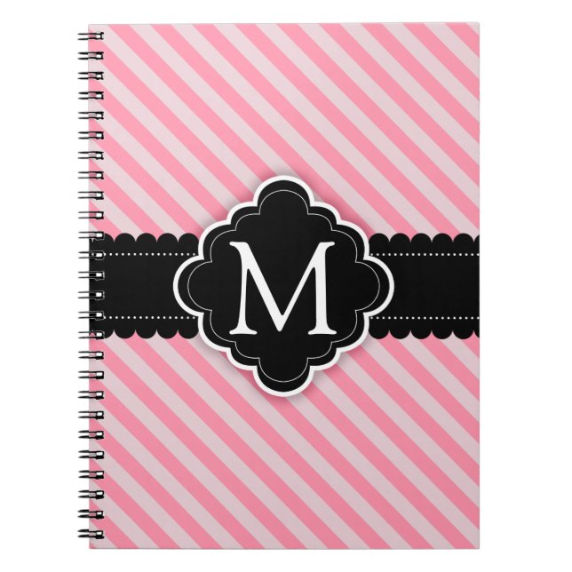 Girly Pink Stripes Pattern Black Custom Monogram Notebook (Front)