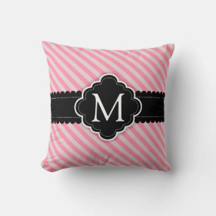 Girly Pink Stripes Pattern Black Custom Monogram Throw Pillow