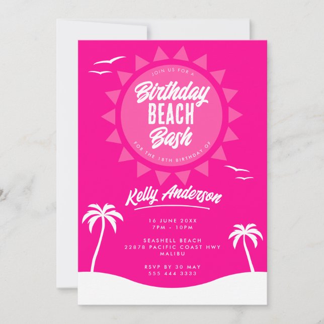 Girly Pink Summer 18th Birthday Beach Party Invitation (Front)