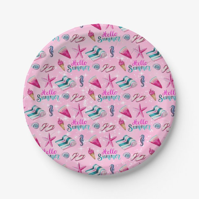 Girly Pink Summer Beach Watercolor Pattern Paper Plate (Front)