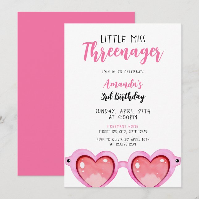 Girly Pink Sunglasses Threenager 3rd Birthday Invitation (Front/Back)