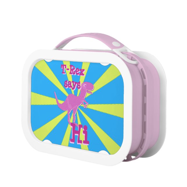 Girly Pink T-Rex Cute Cartoon Dinosaur Says Hi Lunch Box (Left)