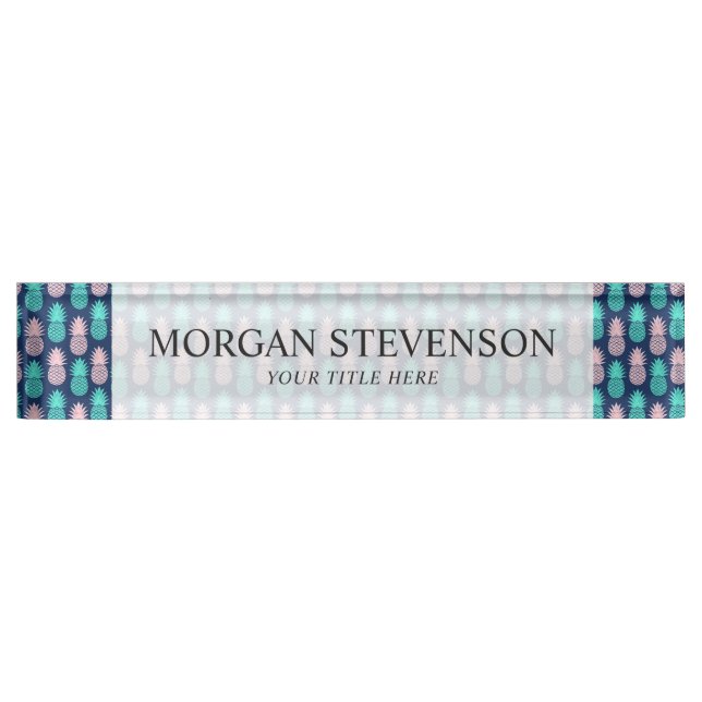 Girly Pink Teal Blue Tropical Pineapple Pattern Nameplate (Front)
