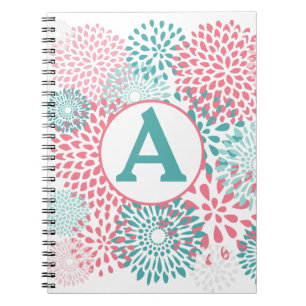 Girly Pink Teal Floral Blossoms with Mongram Notebook