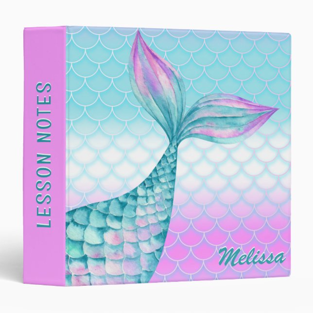 Girly Pink Teal Mermaid Tail Scales Personalized Binder (Front/Spine)
