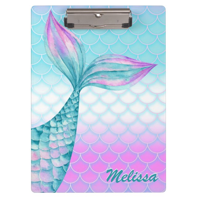 Girly Pink Teal Mermaid Tail Scales Personalized Clipboard (Front)