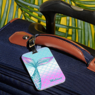 Girly Pink Teal Mermaid Tail Scales Personalized Luggage Tag