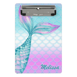 Girly Pink Teal Mermaid Tail Scales Personalized Mini Clipboard
