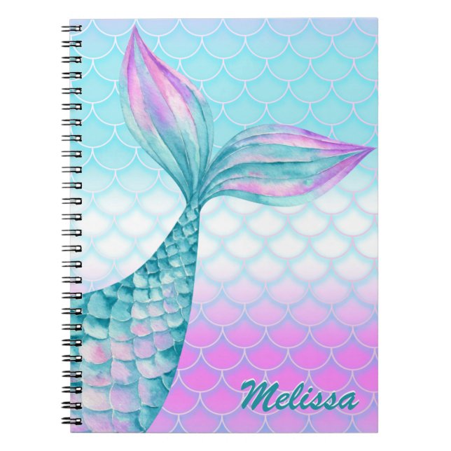 Girly Pink Teal Mermaid Tail Scales Personalized Notebook (Front)