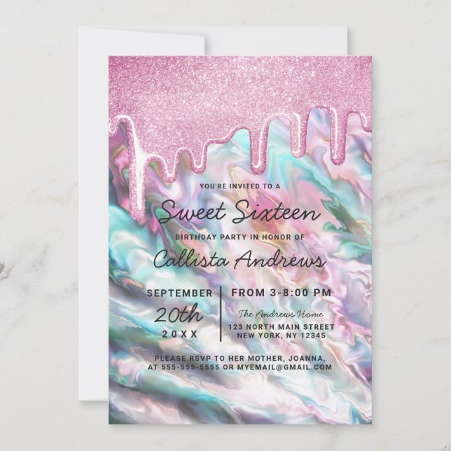 Girly Pink Teal Pearl Opal Glitter Drips Sweet 16 Invitation (Front)