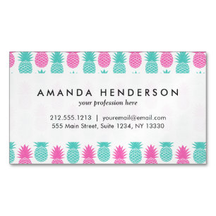 Girly Pink Teal Tropical Pineapple Pattern Magnetic Business Card